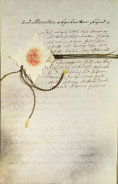 Den "Pragmatiske sanksjonen" utstedt av keiser Charles VI (1685-1740) i Tyskland, som avgjorde arven etter Habsburg-landene på hans datter Maria Theresa (senere keiserinne) (1717-80), 1713 av Unbekannt Unbekannt